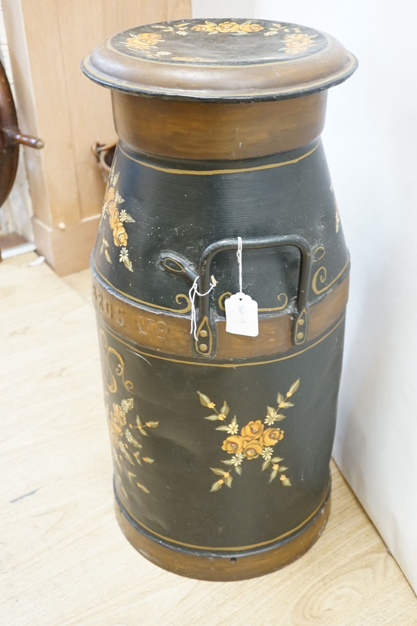 Cadbury Bro Ltd toleware churn, floral painted, 72cm